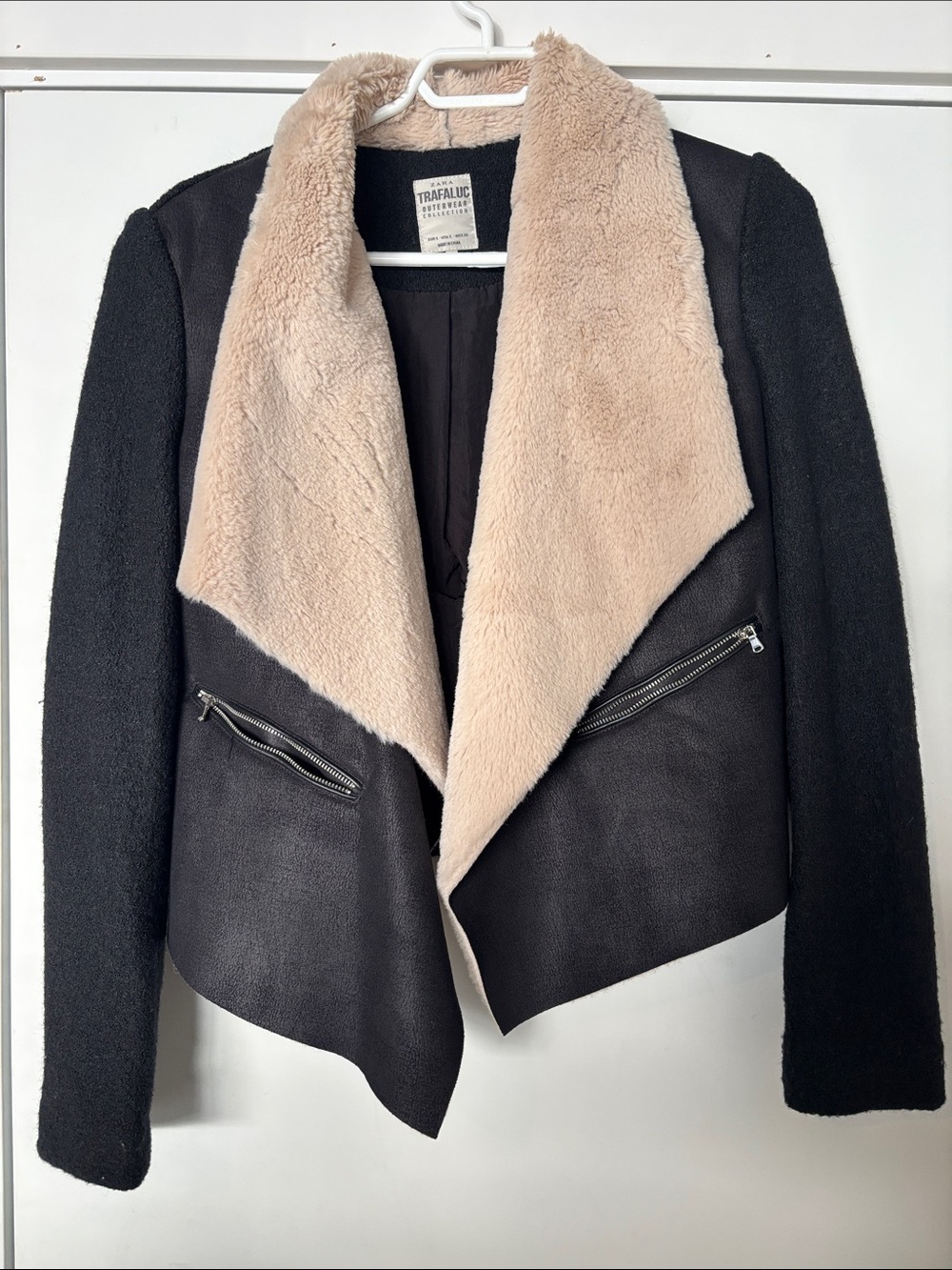 Zara Black Jacket with Cream Faux-Shearling Collar